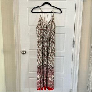 NEW Patrons of Peace Crinkle Cream Red Micro Floral Racerback Boho Maxi Dress